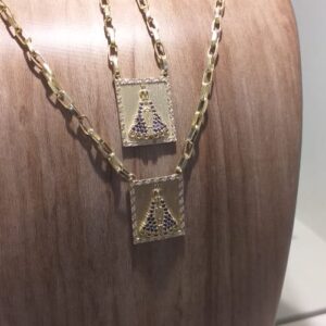 Escapulário Maciço Nossa Senhora Com Safiras e Brilhantes Ouro 18k 750