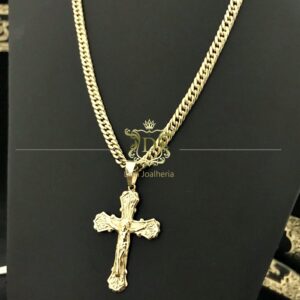 Conjunto Corrente Grumet Duplo 50g+ Pingente Crucifixo 10g em Ouro 18k 750