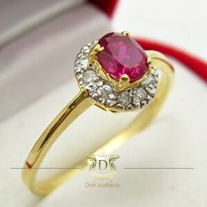 Anel Solitário Rubi e Diamantes em Ouro 18k 750