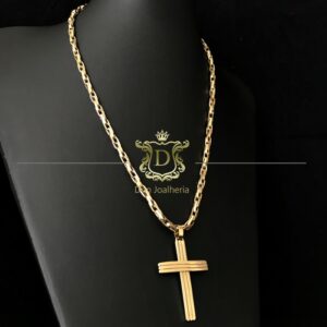 Conjunto Corrente Elos Trançados 30g + Pingente Crucifixo 12g em Ouro 18k 750 - Imagem 1